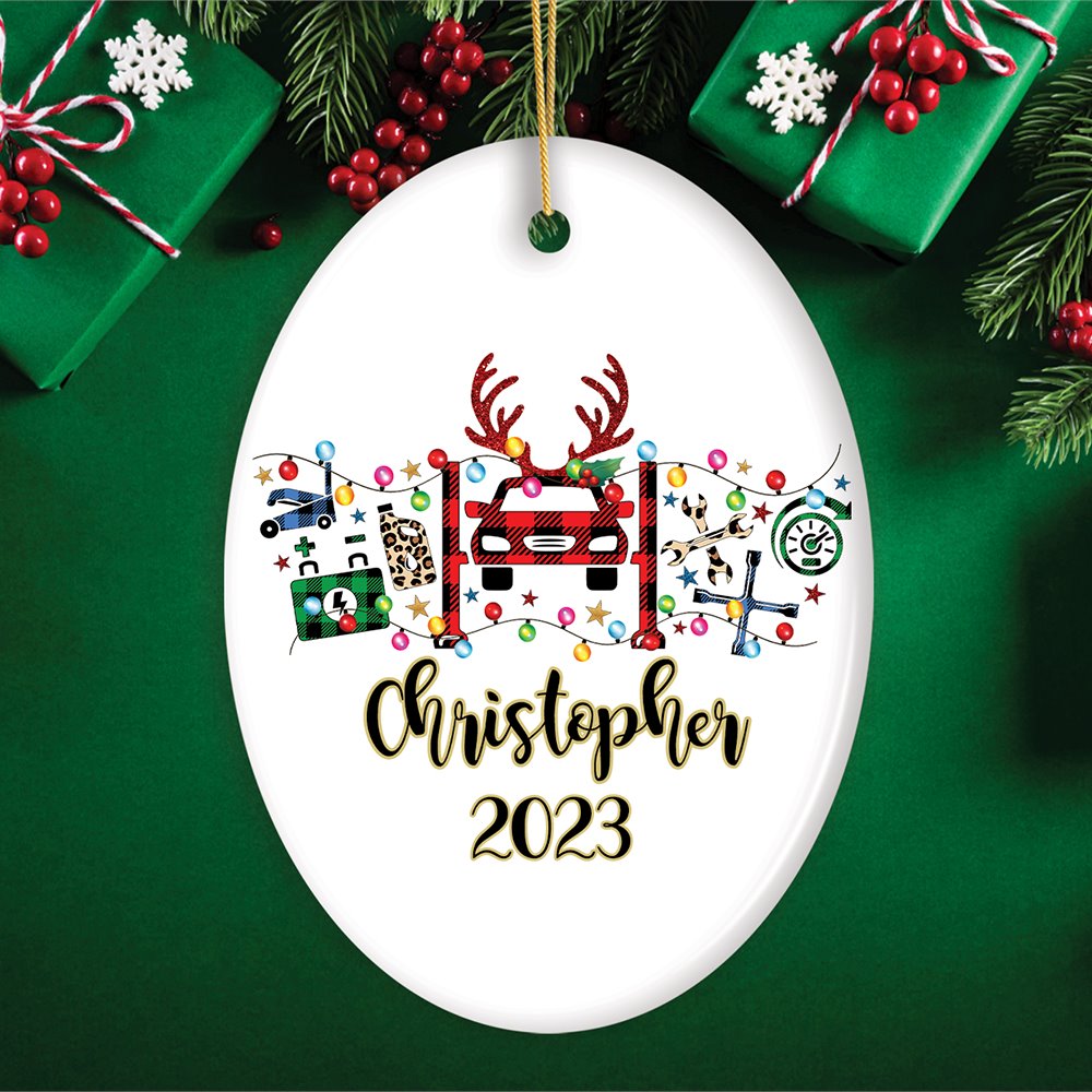 Personalized Automotive Technician Plaid Christmas Ornament, Mechanic Repair and Parts Gift for Shop Ceramic Ornament OrnamentallyYou Oval 