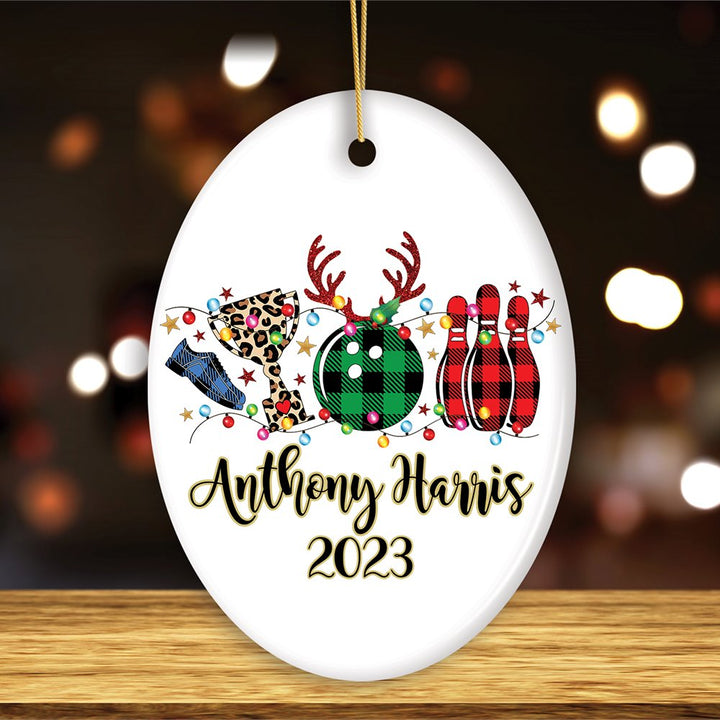 Personalized Bowling Buffalo Plaid Leopard Christmas Ornament, Ball Pins and Trophy Ceramic Ornament OrnamentallyYou Oval 