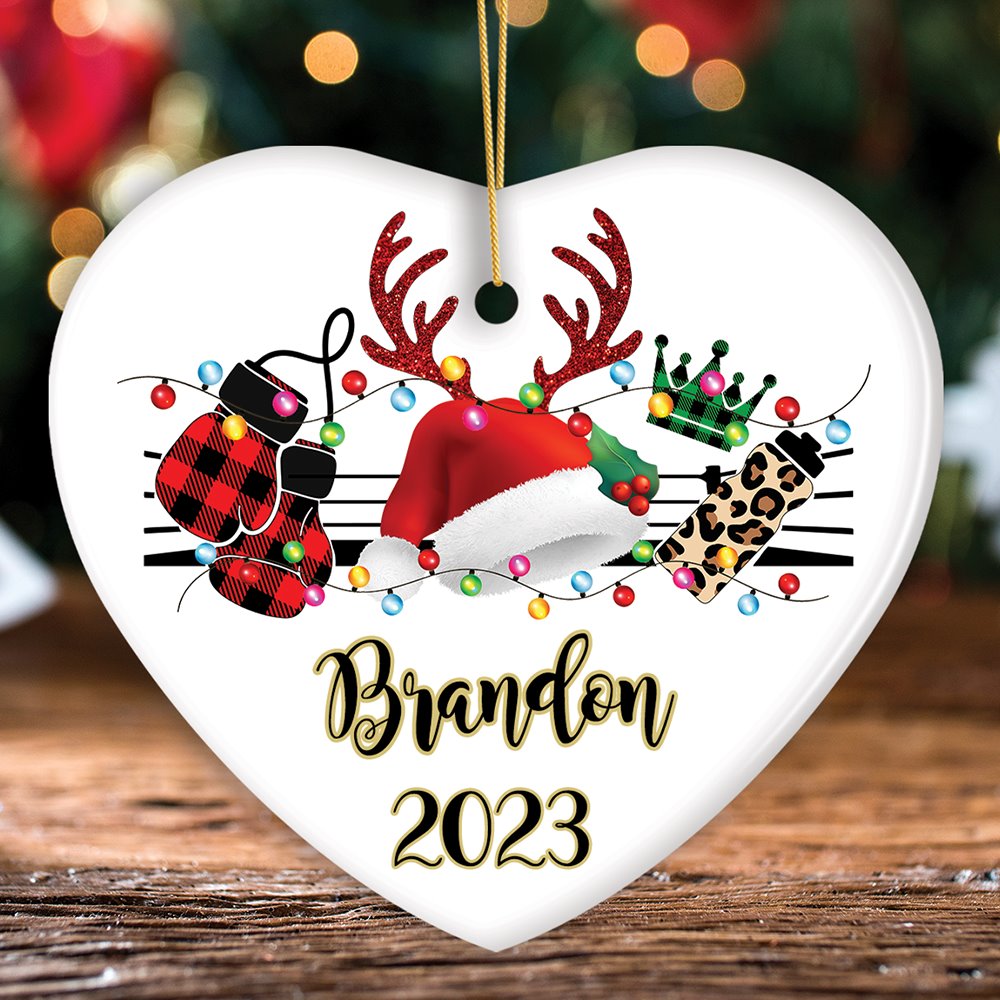 Personalized Boxing Buffalo Plaid Leopard Merry Christmas Ornament, Team and Coaches Gift Ceramic Ornament OrnamentallyYou Heart 