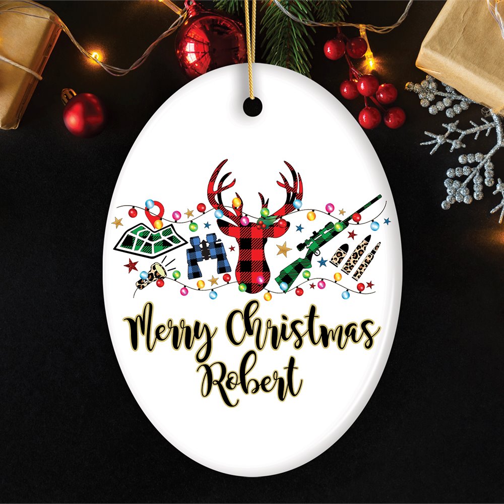 Personalized Buffalo Plaid Hunting Theme Christmas Ornament, Hunter Gift, Red and Green Deer and Gun Ceramic Ornament OrnamentallyYou Oval 