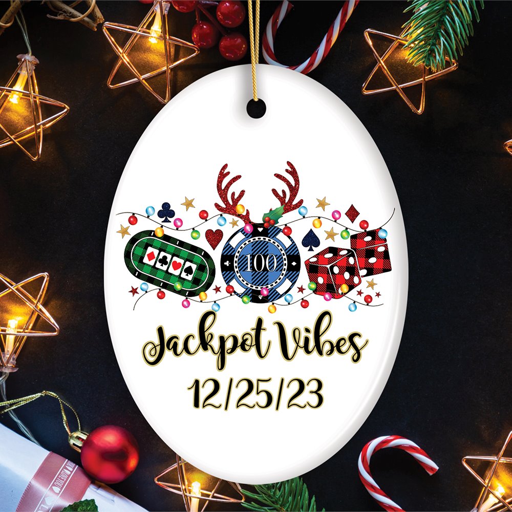 Personalized Casino Buffalo Plaid Christmas Ornament, Poker and Dice, Player and Staff Gift Ceramic Ornament OrnamentallyYou Oval 