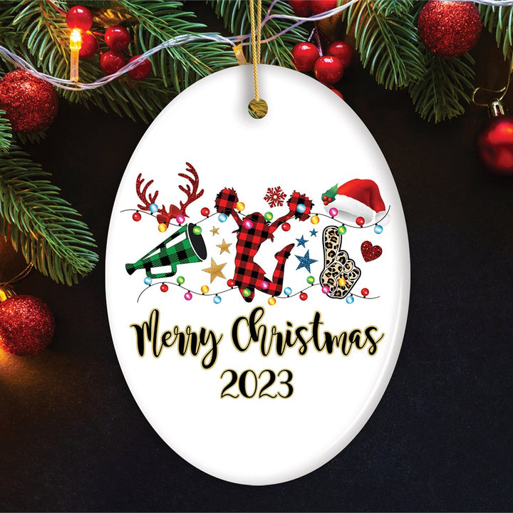 Personalized Cheer Buffalo Plaid Leopard Merry Christmas Ornament, Cheer Team or Coach Gift Ceramic Ornament OrnamentallyYou Oval 