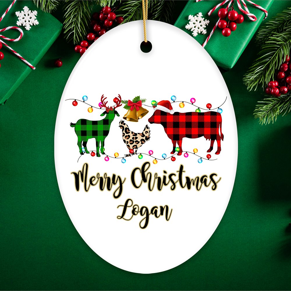 Personalized Farm Animal Buffalo Plaid Leopard Merry Christmas Ornament, Farmhouse Gift Ceramic Ornament OrnamentallyYou Oval 