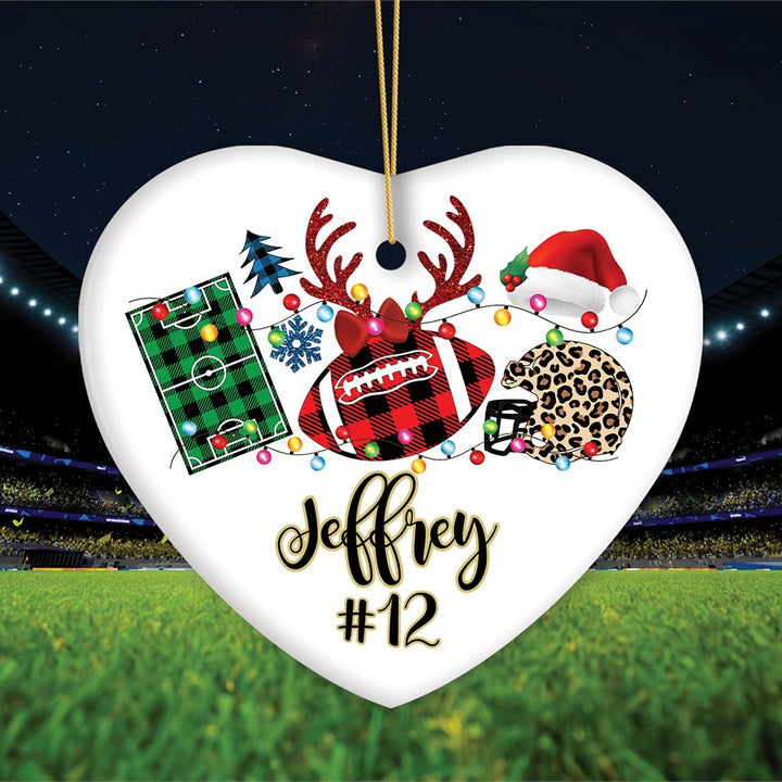 Personalized Football Buffalo Plaid Leopard Merry Christmas Ornament, Team and Coaches Gift Ceramic Ornament OrnamentallyYou Heart 