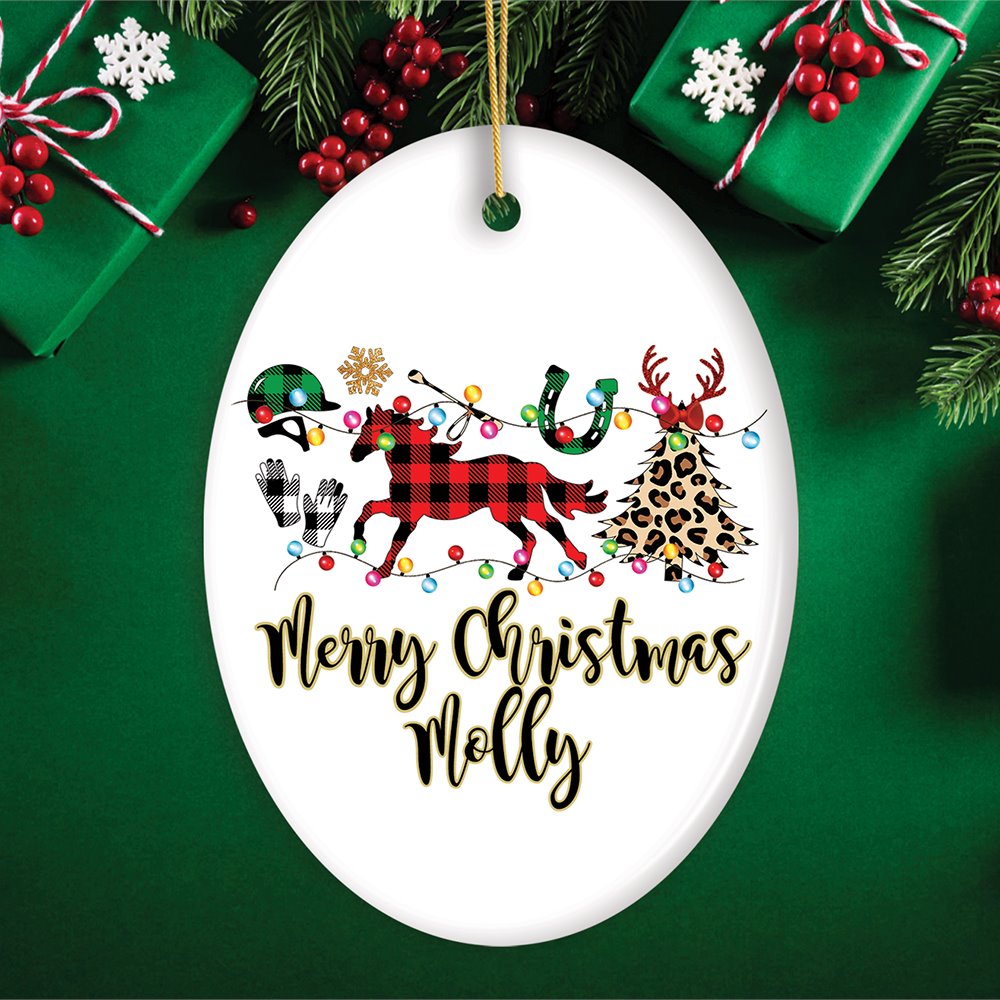 Personalized Horse Buffalo Plaid Leopard Merry Christmas Ornament, Equestrian Gift Ceramic Ornament OrnamentallyYou Oval 