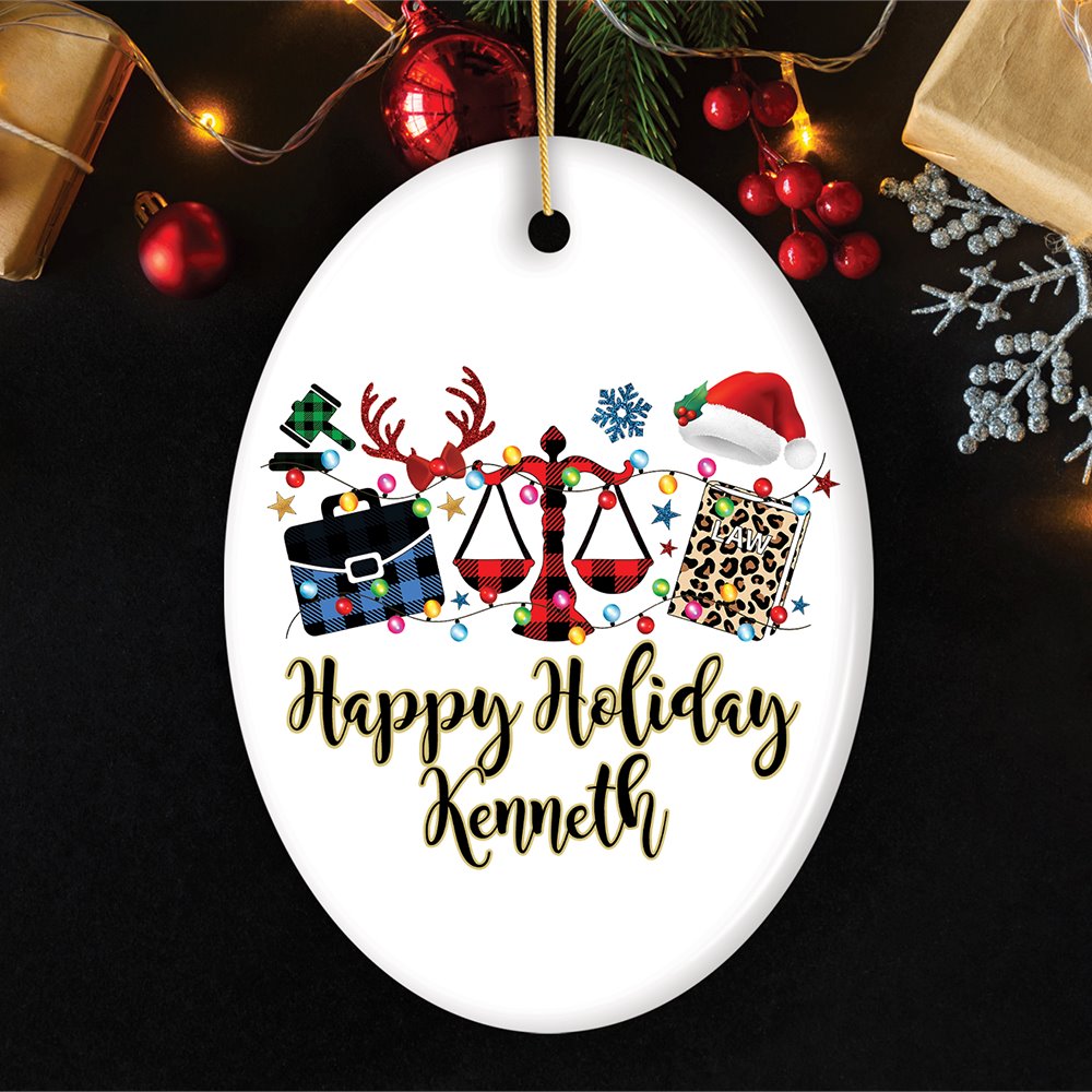 Personalized Law and Legal Theme Buffalo Plaid Christmas Ornament, Lawyer and Paralegal Clerk Gift Ceramic Ornament OrnamentallyYou Oval 