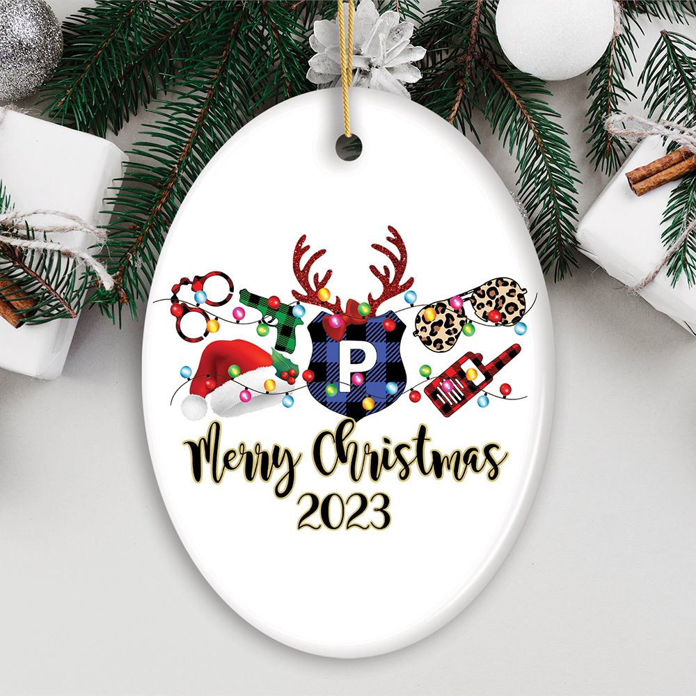 Personalized Merry Christmas Plaid Police Officer Christmas Ornament Ceramic Ornament OrnamentallyYou Oval 