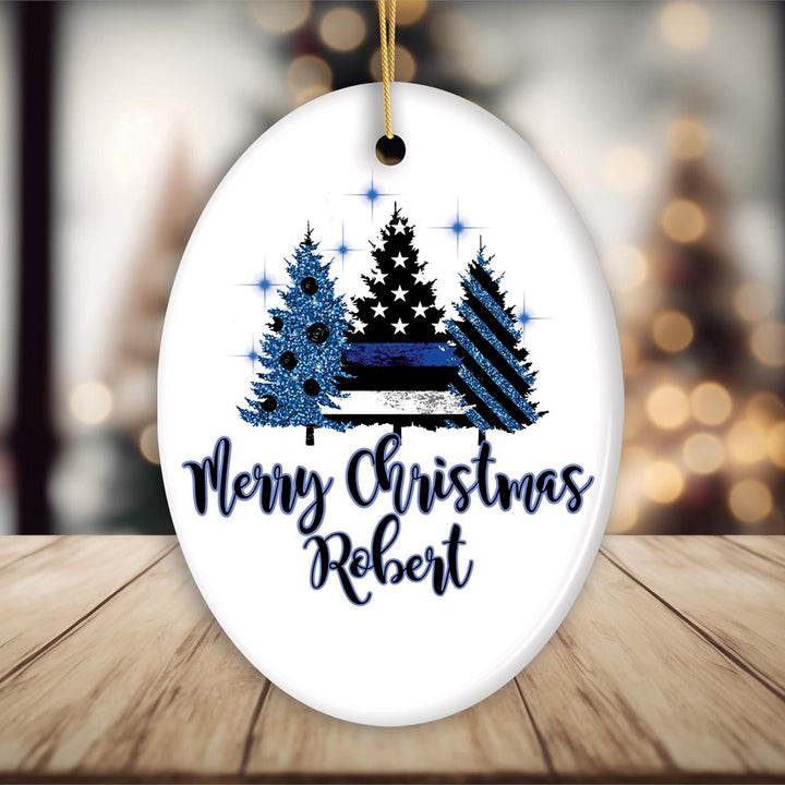 Personalized Police Officer Back The Blue Merry Christmas Trees Ornament, Retirement Gift Ceramic Ornament OrnamentallyYou Oval 