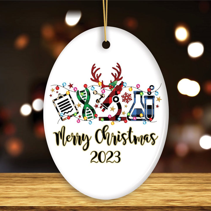 Personalized Science Plaid Christmas Ornament, Gift for Scientist or Researcher, Lab Tools like Flasks and Microscope Ceramic Ornament OrnamentallyYou Oval 