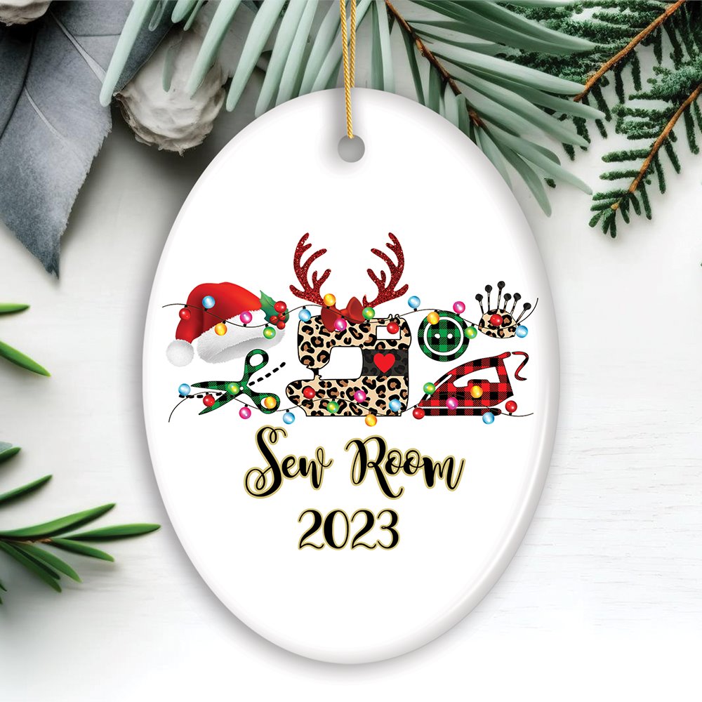 Personalized Sewing Buffalo Plaid Leopard Merry Christmas Ornament, Clothing Stylist Gift Ceramic Ornament OrnamentallyYou Oval 