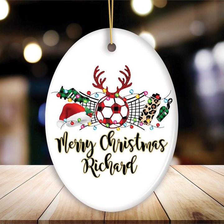 Personalized Soccer Buffalo Plaid Leopard Merry Christmas Ornament, Team and Coaches Gift Ceramic Ornament OrnamentallyYou Oval 