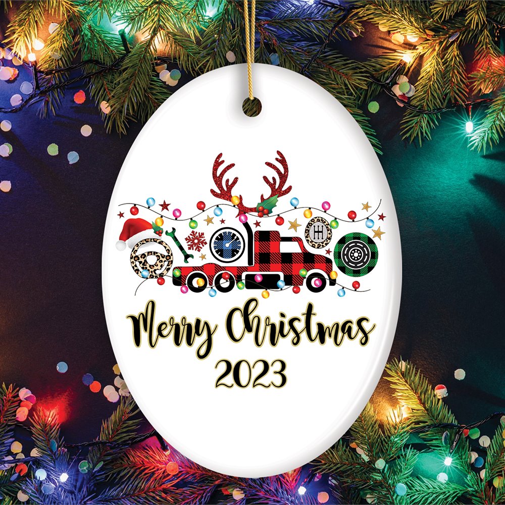 Personalized Truck Driver and Logistics Buffalo Plaid Christmas Ornament, Freight Delivery and Dispatcher Gift Ceramic Ornament OrnamentallyYou Oval 