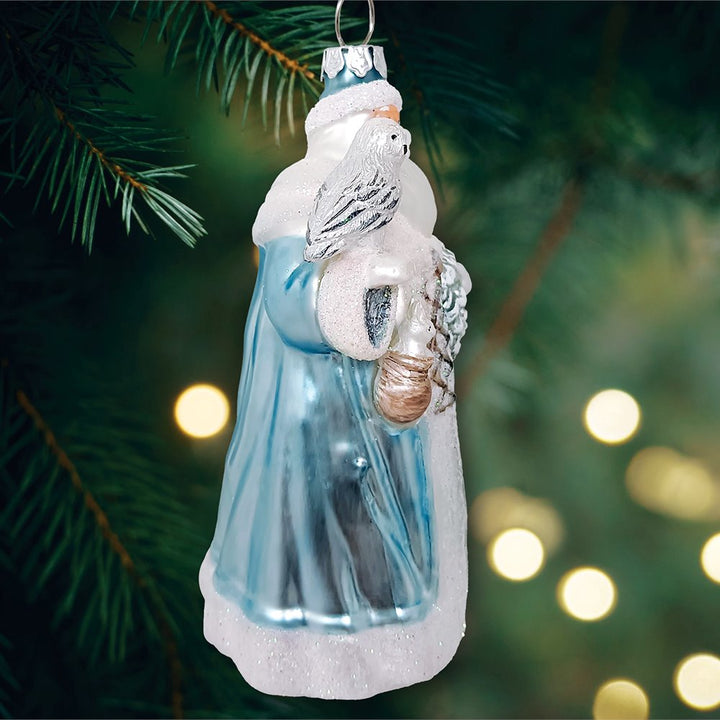 Arctic Whispers Santa Glass Christmas Ornament, Snowy Winter Theme with Light Blue Robe OrnamentallyYou 