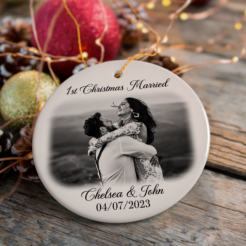 First Christmas Married Personalized Photo Ornaments, Mr And Mrs Wedding Gift Ceramic Ornament OrnamentallyYou 