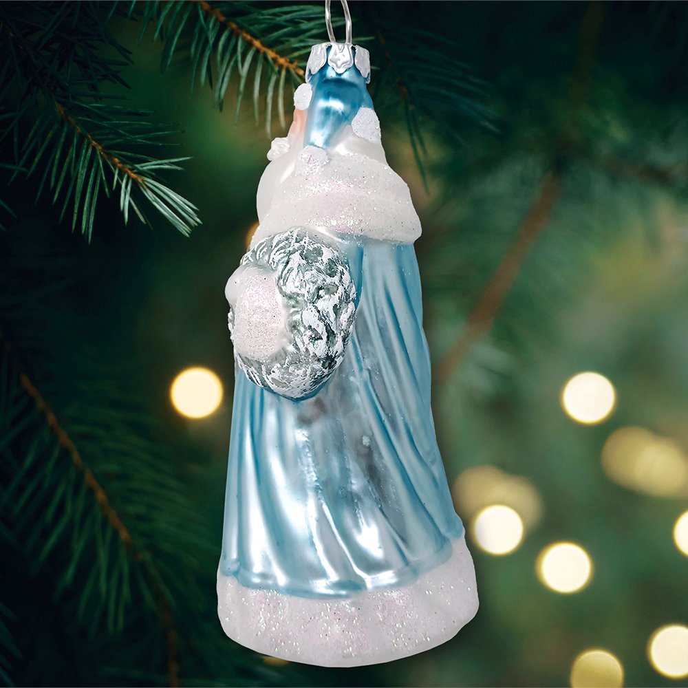 Arctic Whispers Santa Glass Christmas Ornament, Snowy Winter Theme with Light Blue Robe OrnamentallyYou 