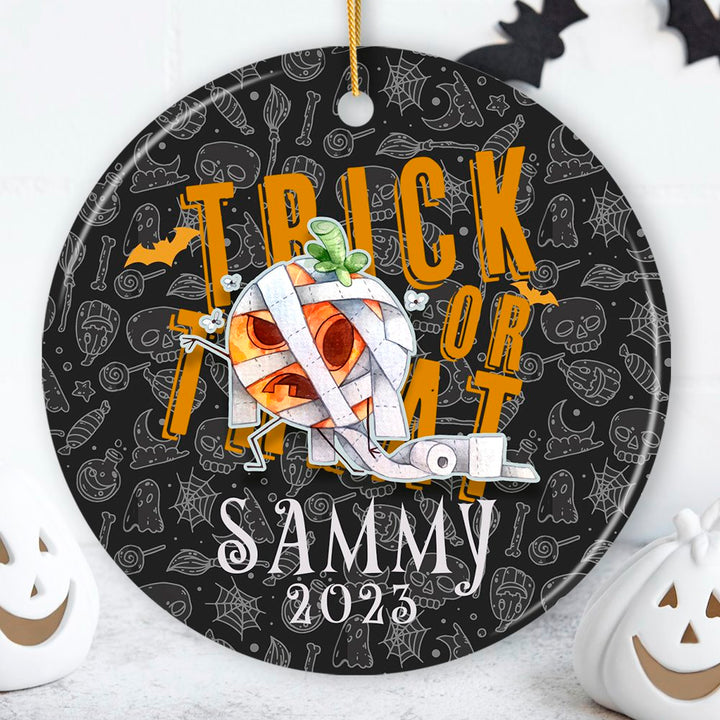Trick or Treat Spooky Cute Kids Custom Ornament, Halloween Ghost and Pumpkin Children’s Gift Ceramic Ornament OrnamentallyYou Circle 