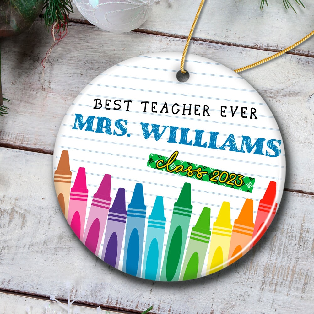 Best Teacher Ever Personalized Gift, Christmas Ornament with School Theme Ceramic Ornament OrnamentallyYou Circle 