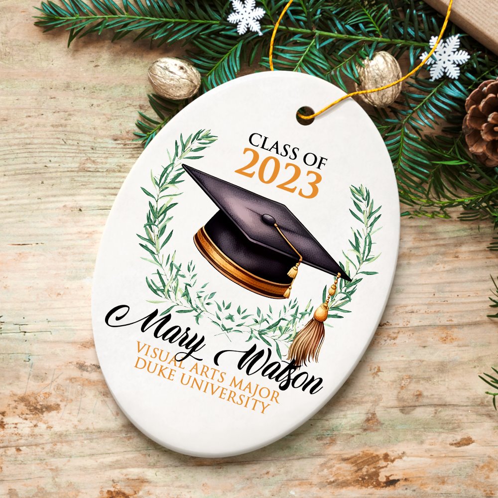 Customized Student Name and Graduation Cap Ornament, University School Graduate Gift Ceramic Ornament OrnamentallyYou Oval 