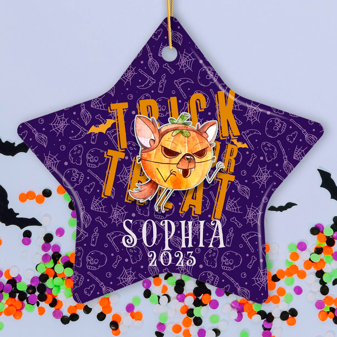 Trick or Treat Spooky Cute Kids Custom Ornament, Halloween Ghost and Pumpkin Children’s Gift Ceramic Ornament OrnamentallyYou Star 
