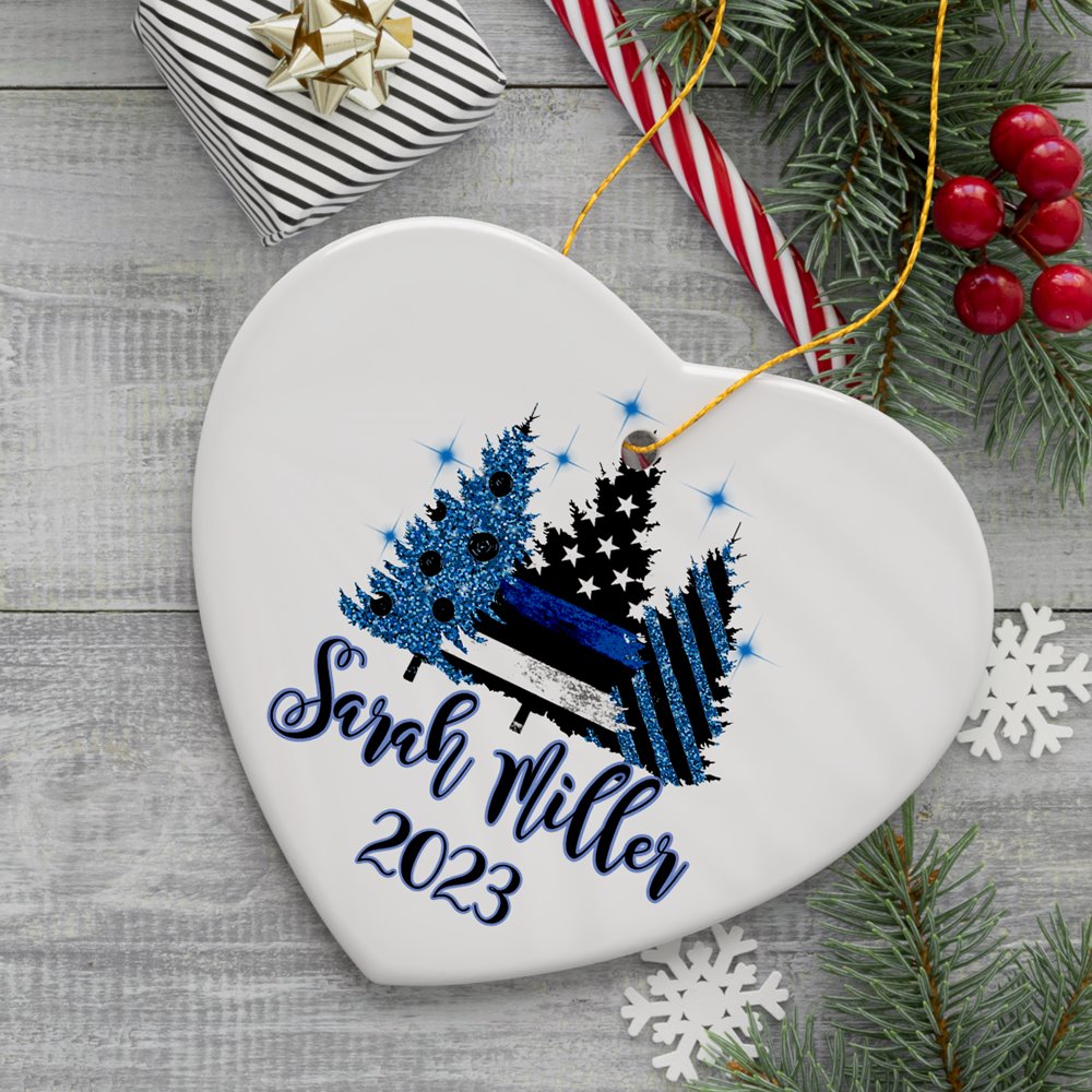 Personalized Police Officer Back The Blue Merry Christmas Trees Ornament, Retirement Gift Ceramic Ornament OrnamentallyYou 