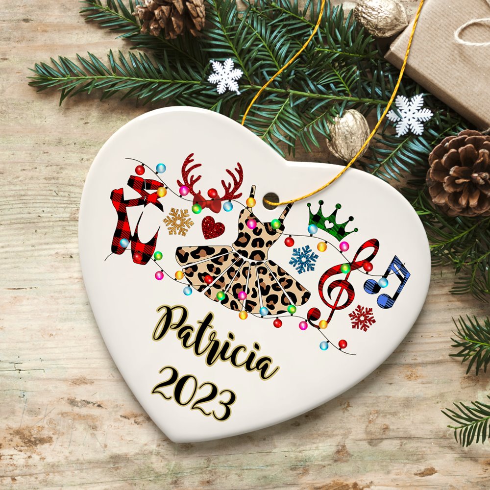 Personalized Ballet Buffalo Plaid Leopard Merry Christmas Ornament, Dance Teacher Gift Ceramic Ornament OrnamentallyYou 