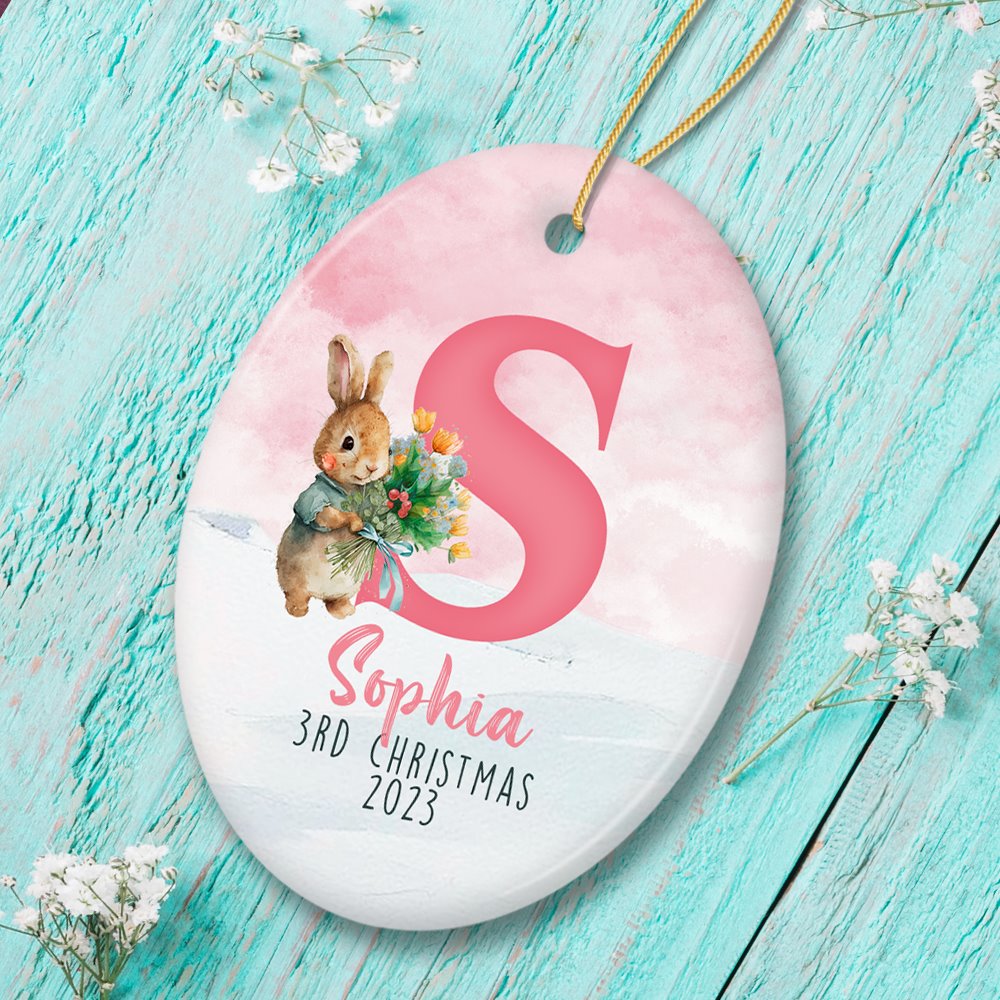 Cute Bunny Rabbit Child Personalized Christmas Monogram Ornament Ceramic Ornament OrnamentallyYou Oval 