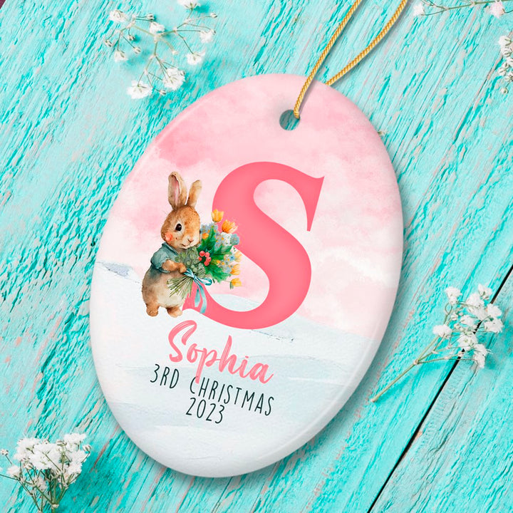 Cute Bunny Rabbit Child Personalized Christmas Monogram Ornament Ceramic Ornament OrnamentallyYou Oval 