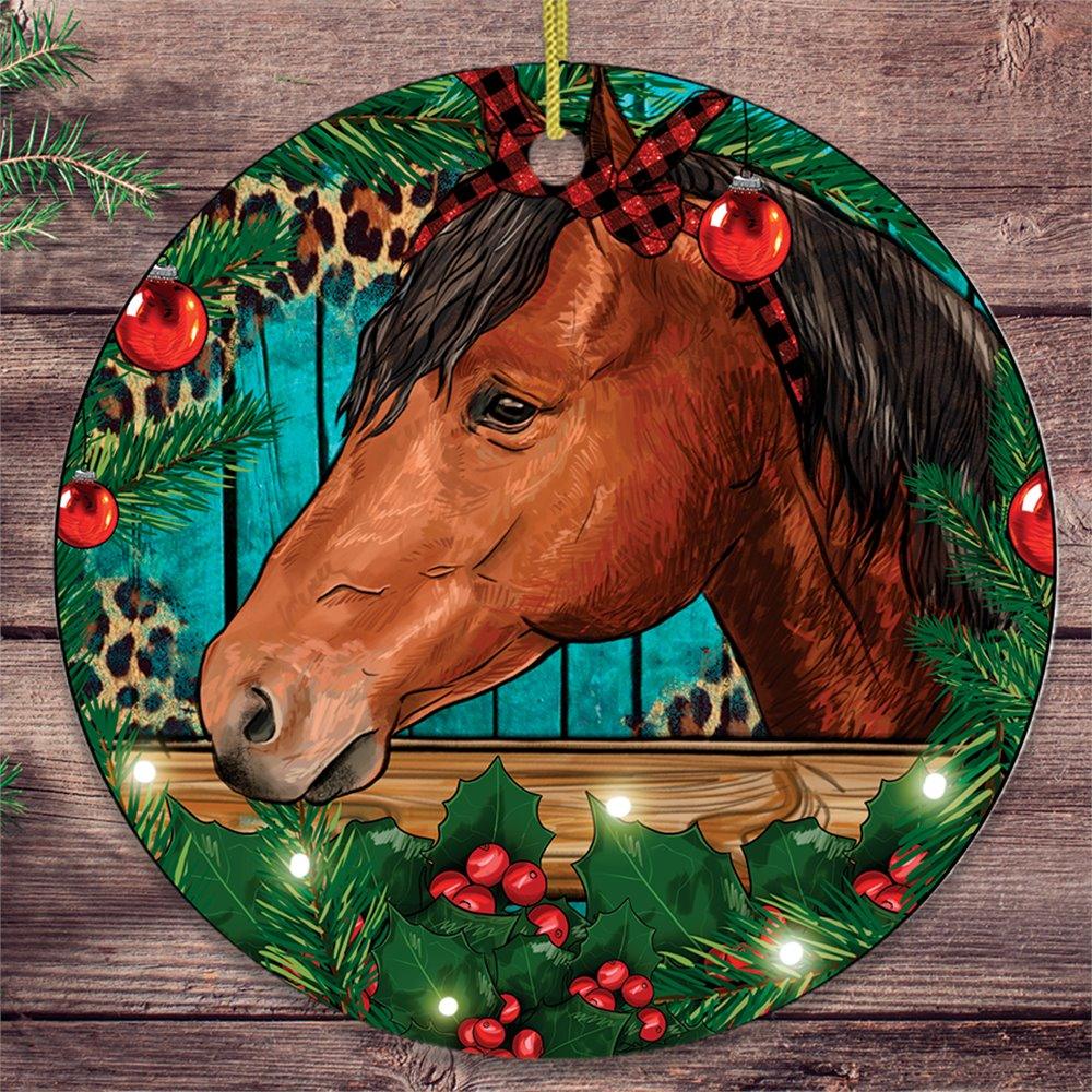 Elegant Brown Horse in Christmas Wreath Ornament Ceramic Ornament OrnamentallyYou 