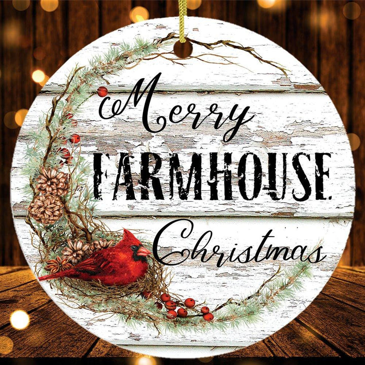 Merry Farmhouse Christmas Ornament Ceramic Ornament OrnamentallyYou Circle 