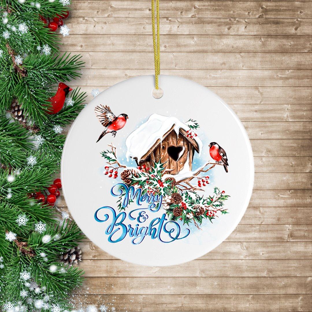 Merry & Bright Artistic Birdhouse Christmas Ornament Ceramic Ornament OrnamentallyYou 