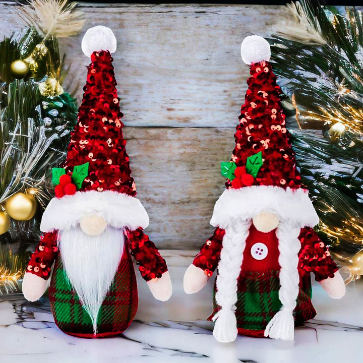 Glamorous Tartan Twosome Christmas Gnome Set of 2 with Plaid Kilt and Sequin Hat Plush Gnome OrnamentallyYou 