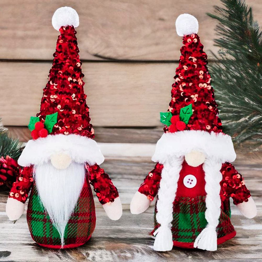 Glamorous Tartan Twosome Christmas Gnome Set of 2 with Plaid Kilt and Sequin Hat Plush Gnome OrnamentallyYou 