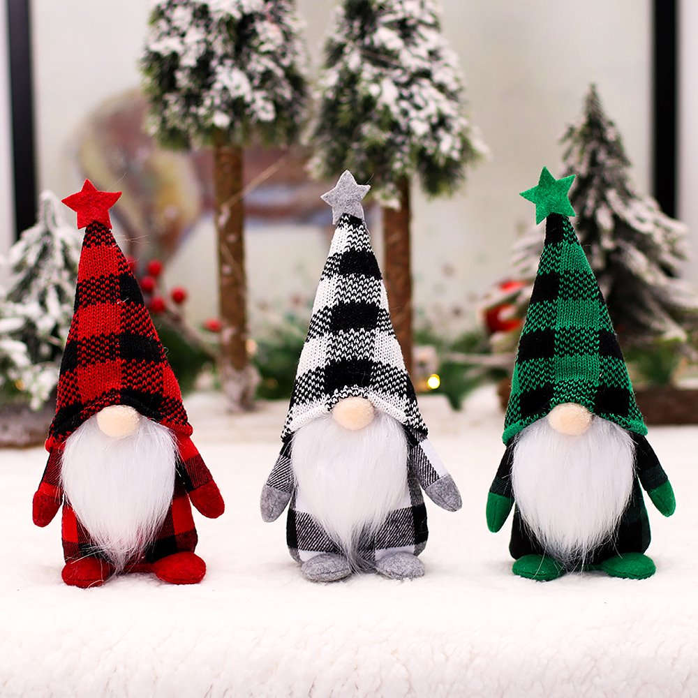 Merry Plaid Ensemble Cozy Gnome Trio, Set of 3 Buffalo Check Holiday Decor Plush Gnome OrnamentallyYou 