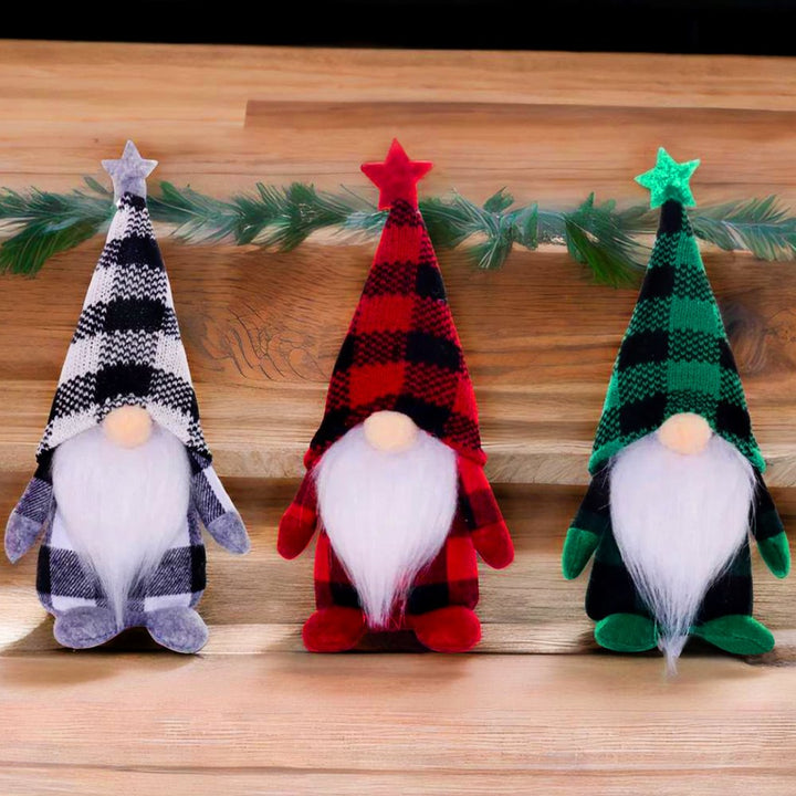 Merry Plaid Ensemble Cozy Gnome Trio, Set of 3 Buffalo Check Holiday Decor Plush Gnome OrnamentallyYou 
