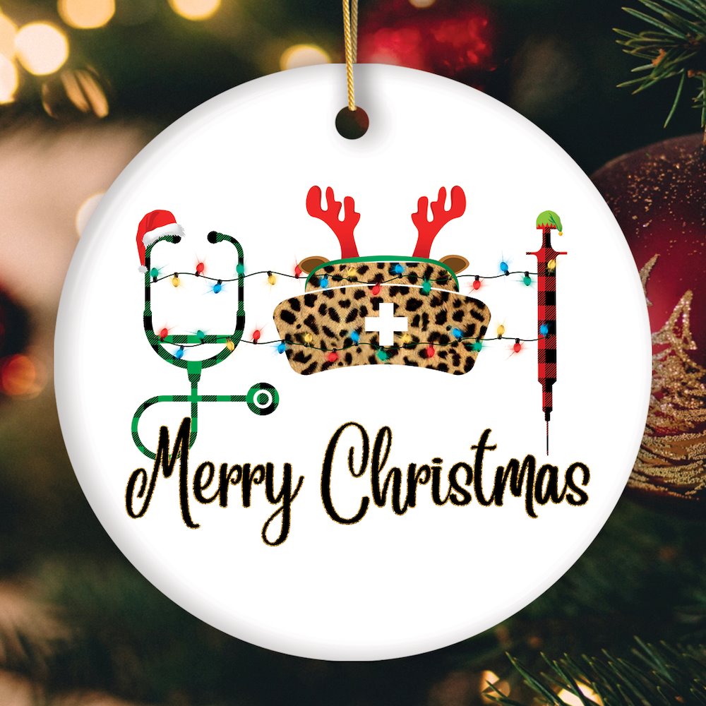 Plaid Nurse Theme Merry Christmas Ornament, Stethoscope and Needle Ceramic Ornament OrnamentallyYou Circle 