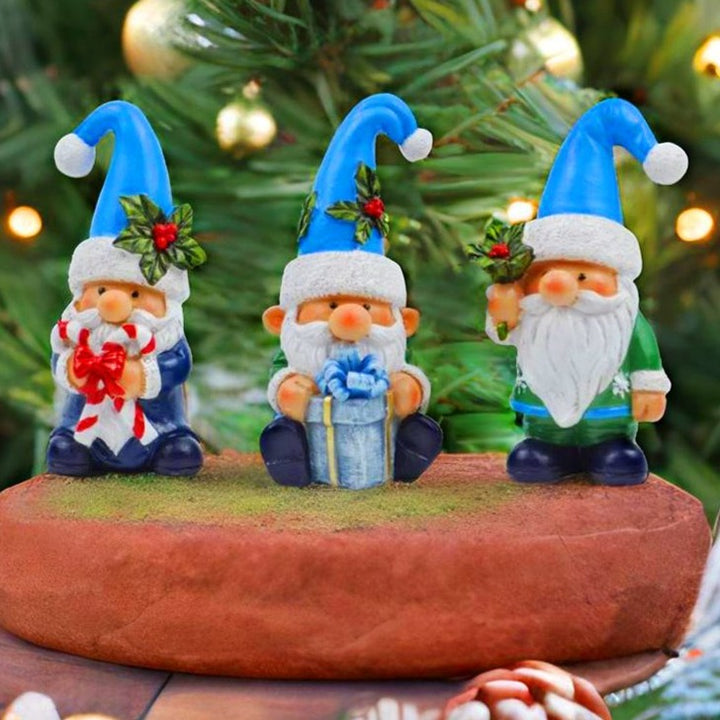 Sky Blue Hat Festive Holiday Gnome Set of Three Miniature Christmas Tabletop Figurine Statues Resin Statues OrnamentallyYou 