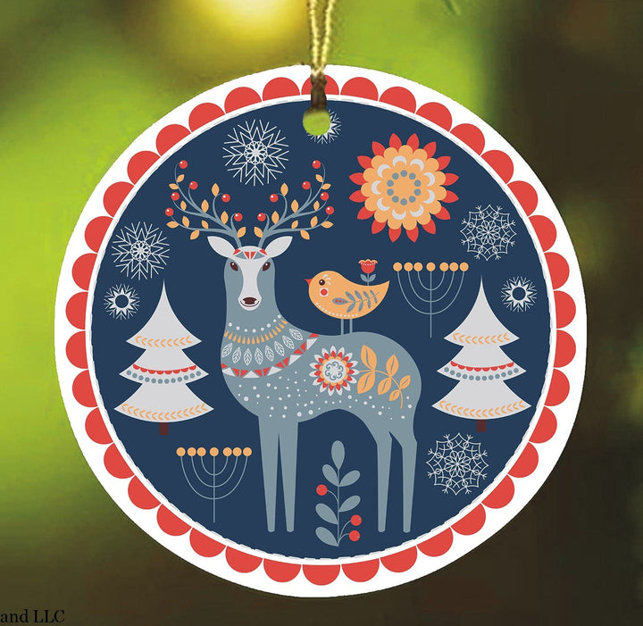 Scandinavian Folk Deer Christmas Ornament, Ethnic Boho Tree Gift OrnamentallyYou Circle 