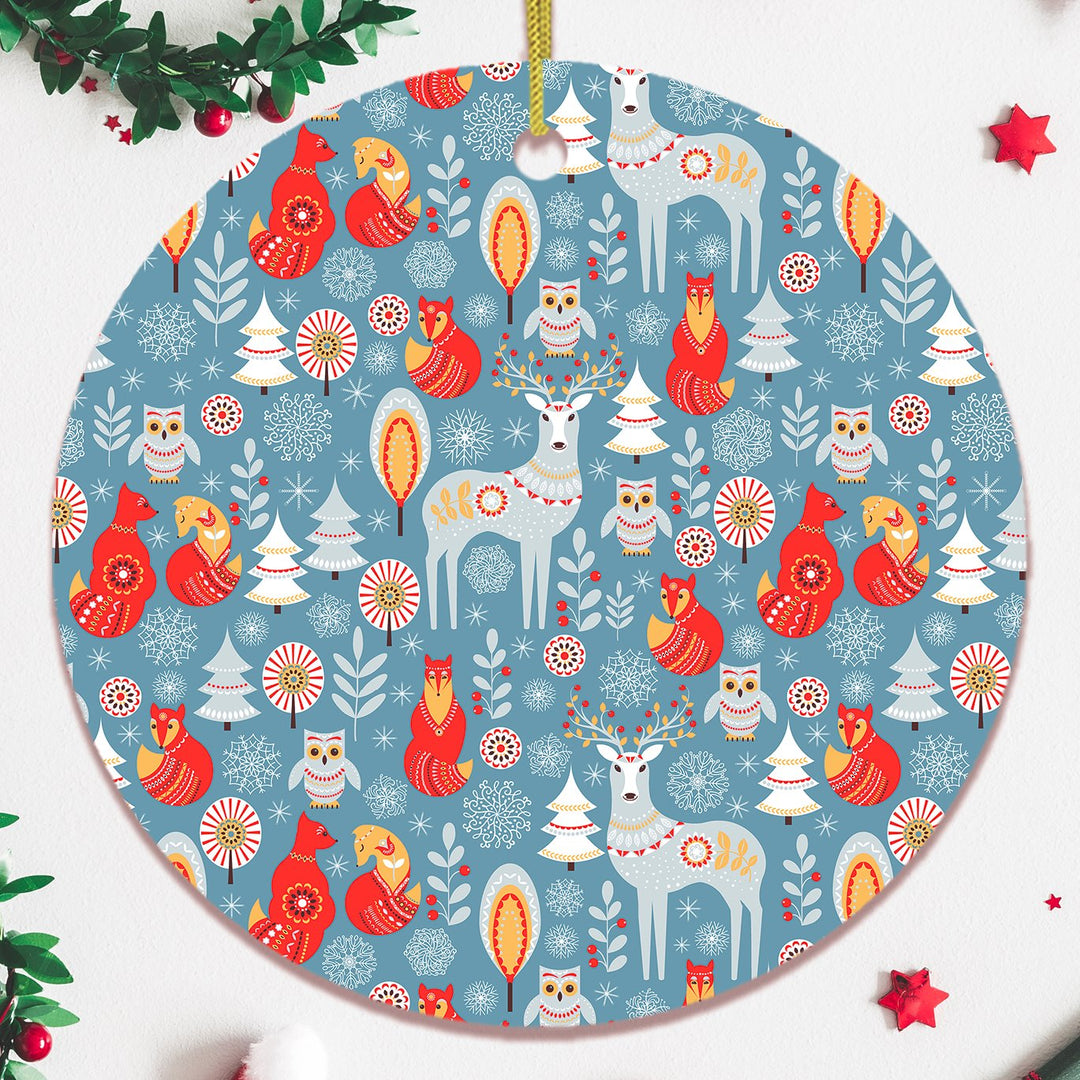 Scandinavian Folk Forest Animal Pattern Christmas Ornament, Deer, Fox, and Owl Ornament OrnamentallyYou 