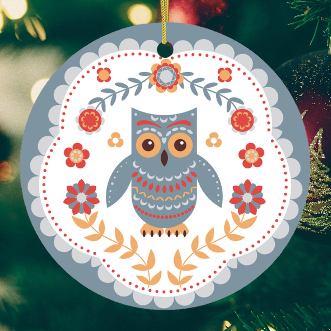 Scandinavian Owl Ornament, Ethnic Folk Boho Decoration, Mexican Style Ornament OrnamentallyYou Circle 