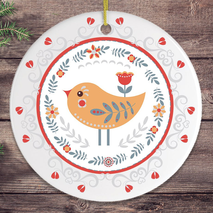Scandinavian Yellow Bird Christmas Ornament, Ethnic Floral Pattern, Folk Illustration Ornament OrnamentallyYou Circle 