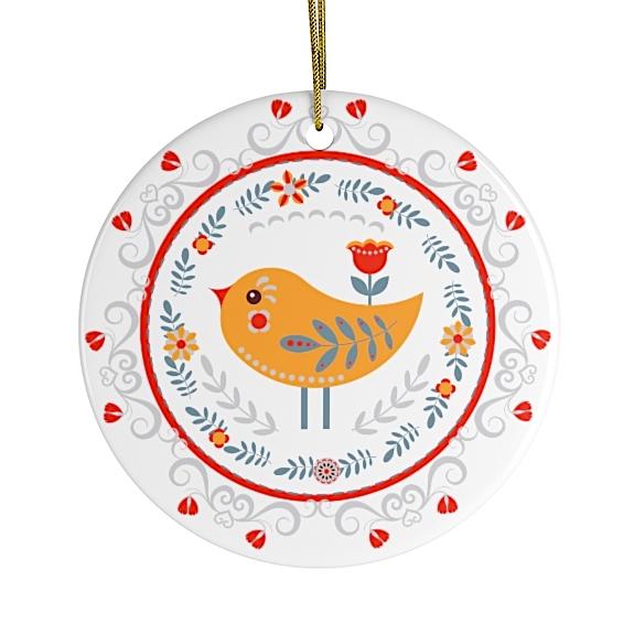 Scandinavian Yellow Bird Christmas Ornament, Ethnic Floral Pattern, Folk Illustration Ornament OrnamentallyYou 