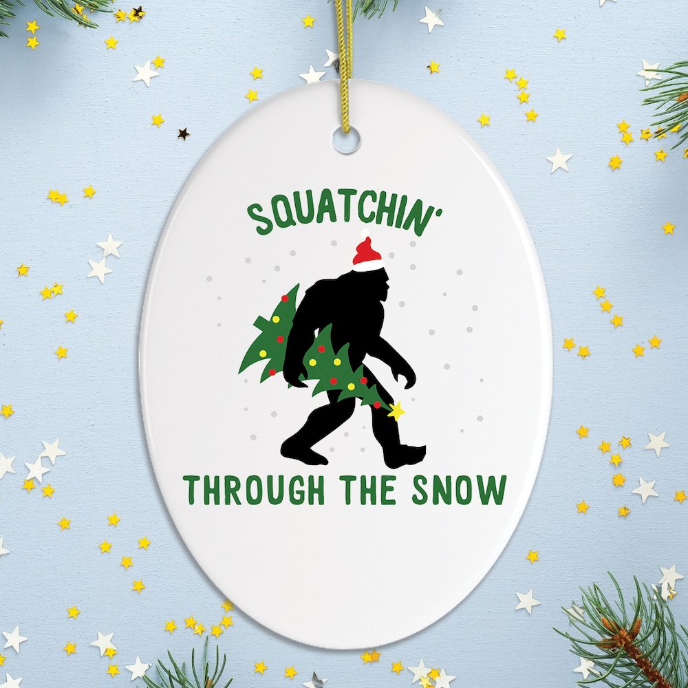 Squatchin Through The Snow Funny Christmas Ornament Ornament OrnamentallyYou Oval 