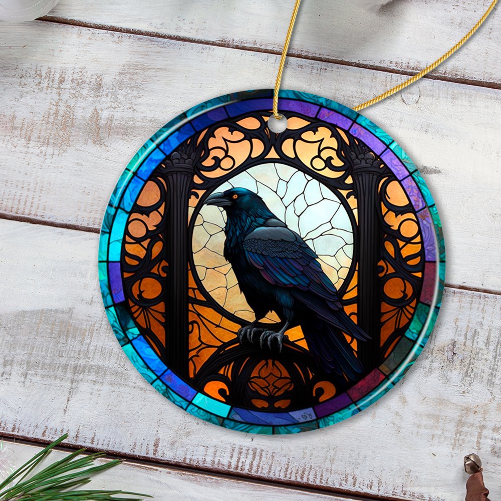 Stained Glass Creepy Dark Raven Ornament, Horror and Elegance Ceramic Ornament OrnamentallyYou 