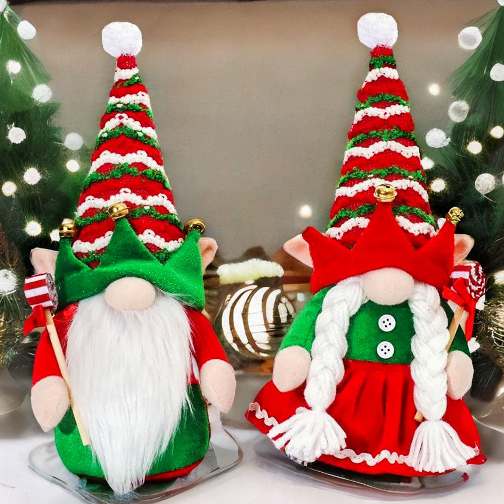 Whimsical Peppermint Joy Christmas Gnome Set of 2, Festive Jester Crown Xmas Duo Plush Gnome OrnamentallyYou 