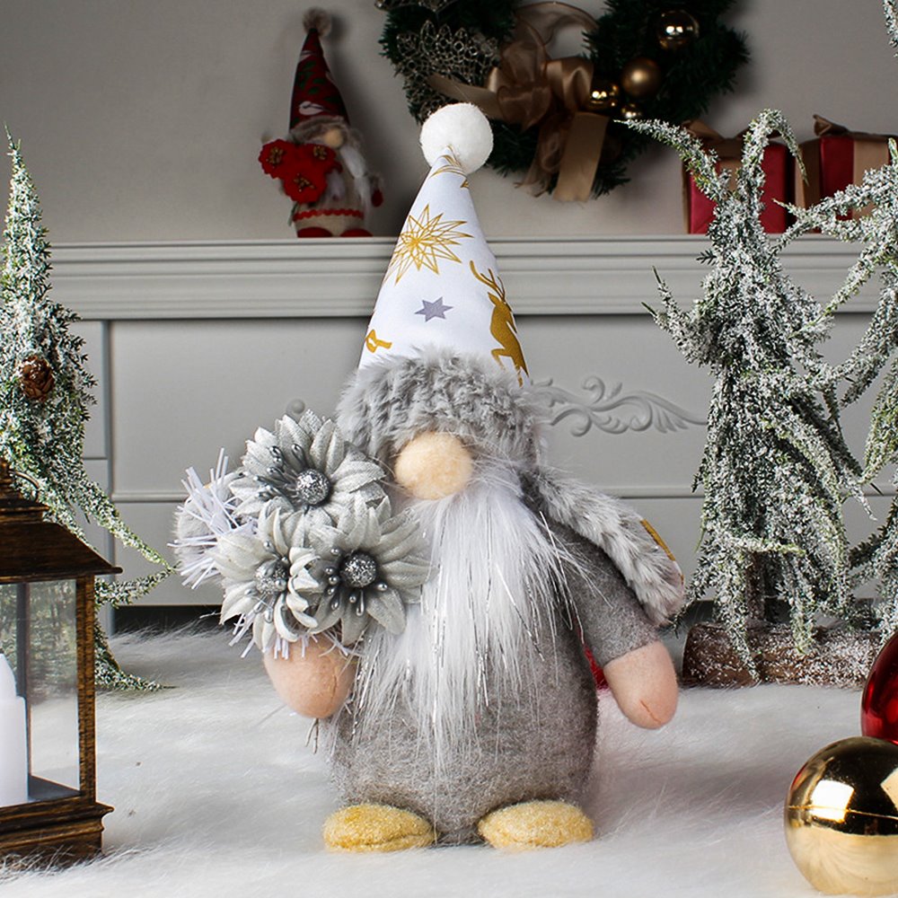 Winter Magic Gnomes with Enchanting Bouqets of Cheer, Set of 2 Nordic Inspired Gold and Silver Flowers Plush Gnome OrnamentallyYou 