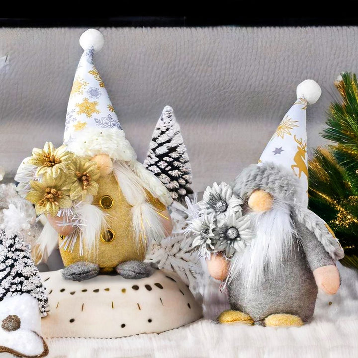 Winter Magic Gnomes with Enchanting Bouqets of Cheer, Set of 2 Nordic Inspired Gold and Silver Flowers Plush Gnome OrnamentallyYou 