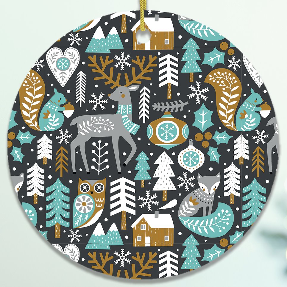Woodland Animal Scandinavian Winter Pattern Ornament Ornament OrnamentallyYou Circle 