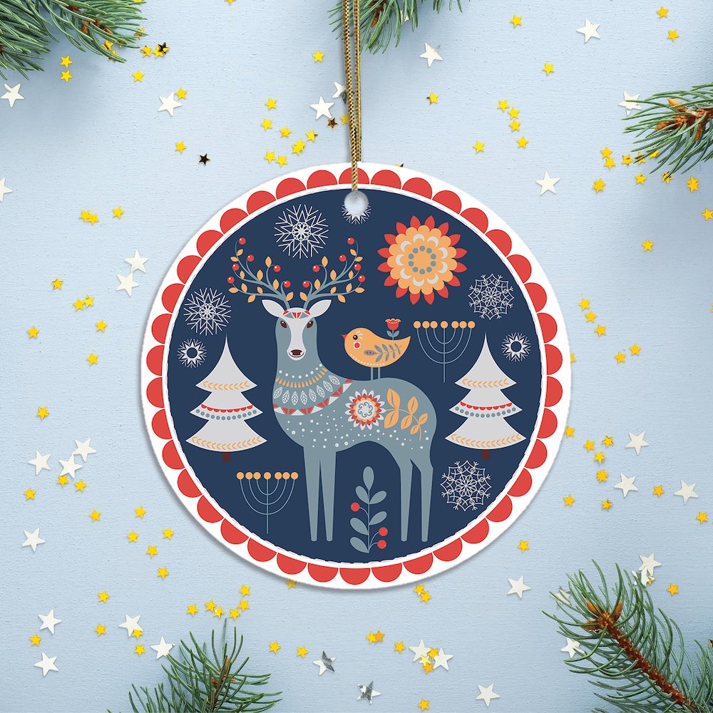 Scandinavian Folk Deer Christmas Ornament, Ethnic Boho Tree Gift Ceramic Ornament OrnamentallyYou 