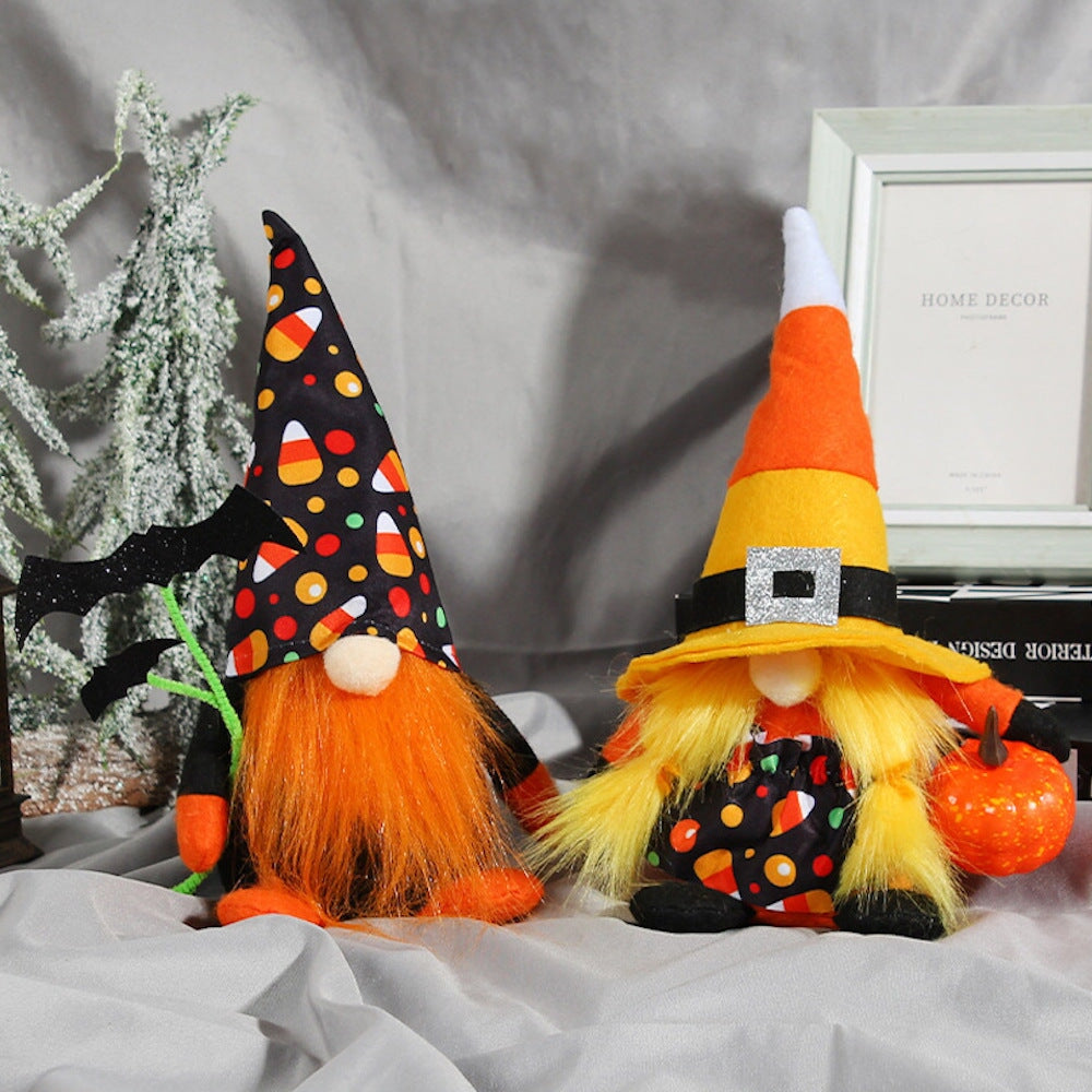 Candy Corn Themed Halloween Gnomes, Black Orange and Yellow Plush Colors Plush Gnome OrnamentallyYou Set of Two 