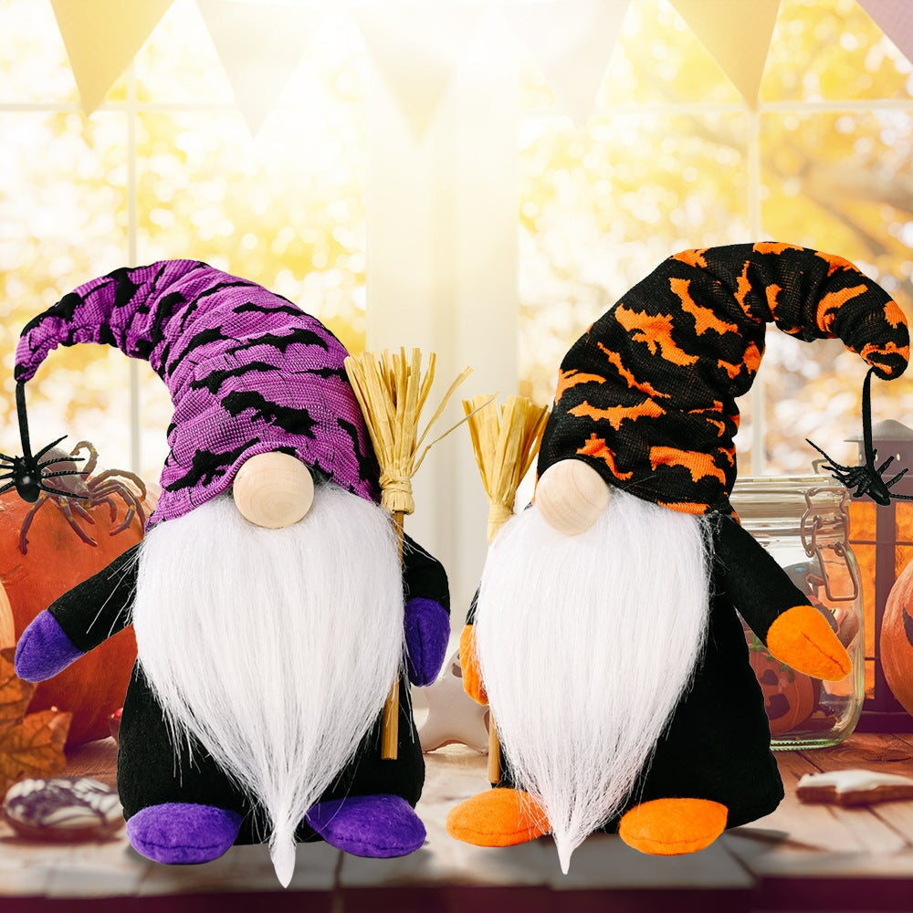 Halloween Gnome Set with Bat and Spider Accents, Orange and Purple Individual Gnomes Holding Broom Plush Gnome OrnamentallyYou 